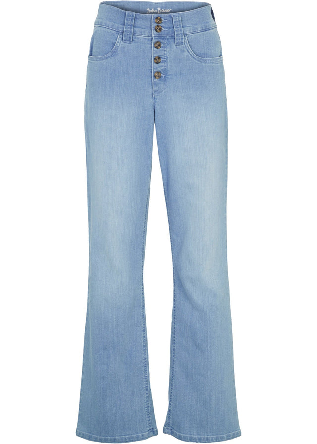 Ravne kavbojke z visokim pasom in stretch materialom