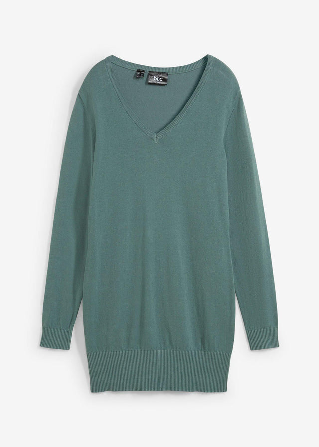 Fino pleten klasičen dolg pulover z V-izrezom