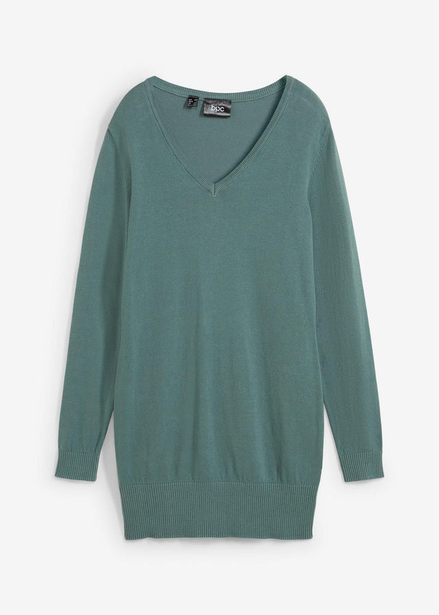 Fino pleten klasičen dolg pulover z V-izrezom