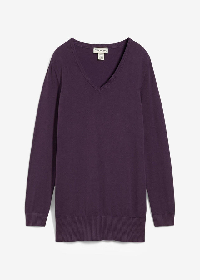 Fino pleten klasičen dolg pulover z V-izrezom