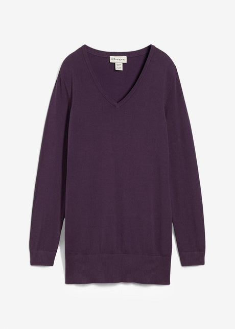 Fino pleten klasičen dolg pulover z V-izrezom