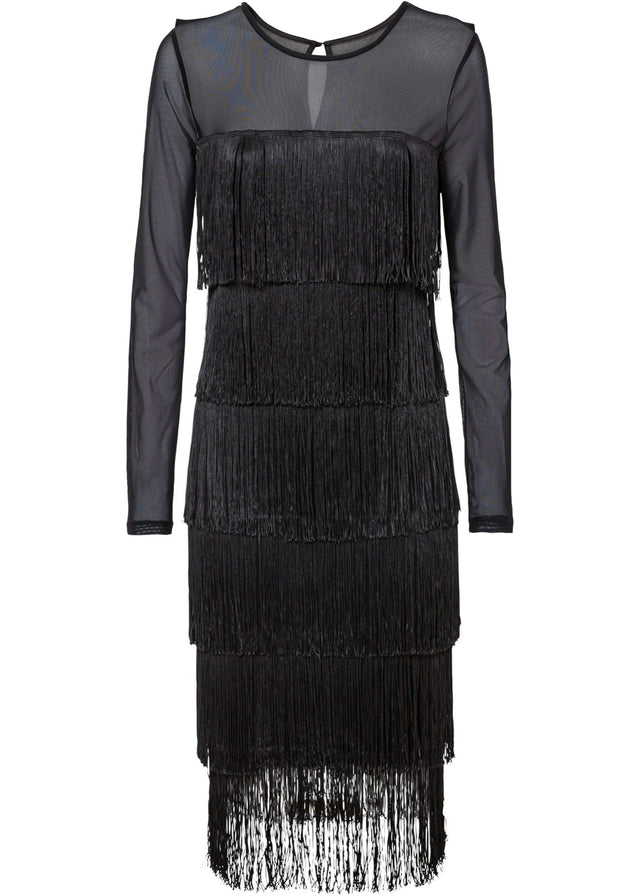 Midi obleka iz zračne mreže z resami