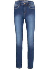 Oprijete kavbojke s srednje visokim pasom in stretch materialom