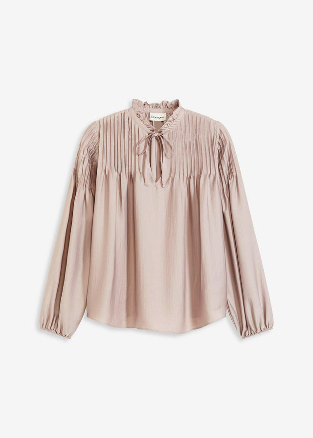 Bluzna tunika iz sijočega satena z ozkimi prešitimi gubami