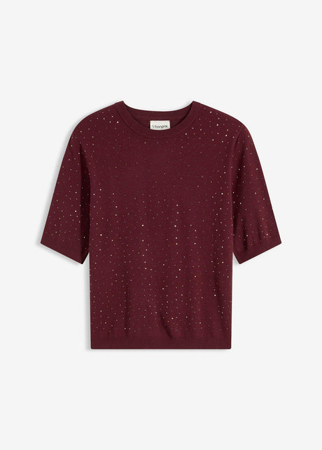 Fino pleten pulover s polovičnimi rokavi s sijočimi kamenčki