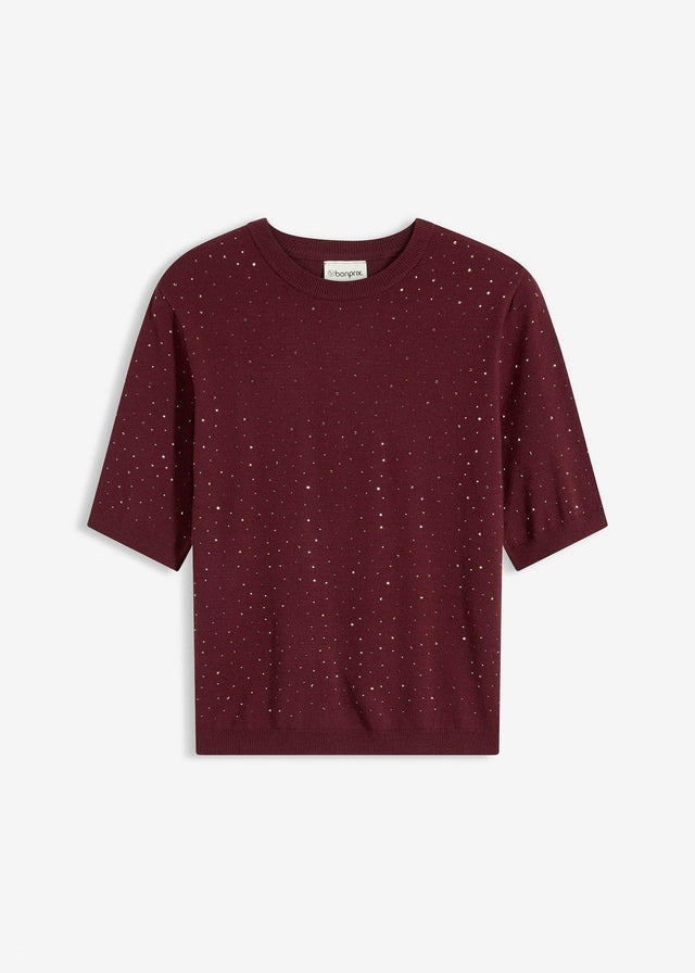 Fino pleten pulover s polovičnimi rokavi s sijočimi kamenčki