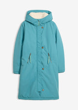 Zimski plašč z umetnim ovčjim krznom v kapuci